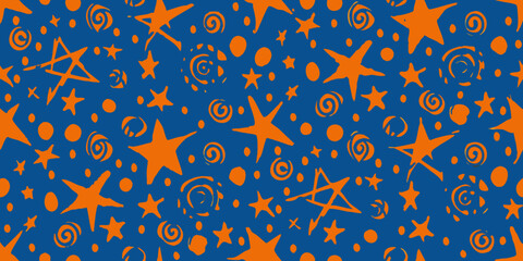 Obraz premium A vibrant blue background filled with orange stars swirls and dots