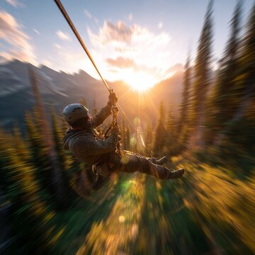 zip line between the forest and the trees on the sides with high speed as you fall down it with a mountain in the background