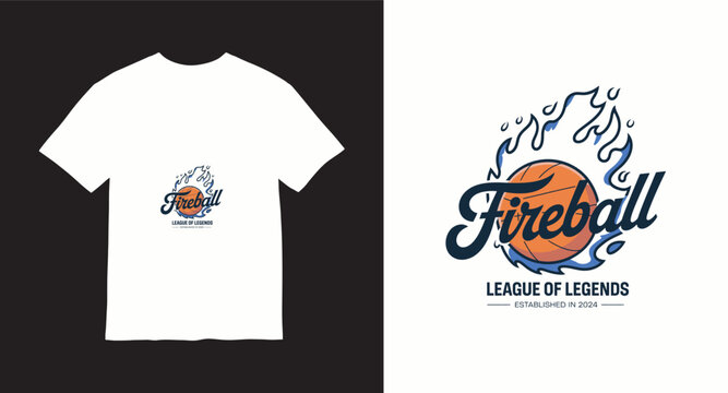 Fireball league of legends t-shirt design with a burning basketball and established in 2024 text