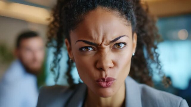 Intense Focus: Close-Up of a Woman Displaying Strong Emotion with a Furious Expression and Piercing Gaze in a Professional Setting