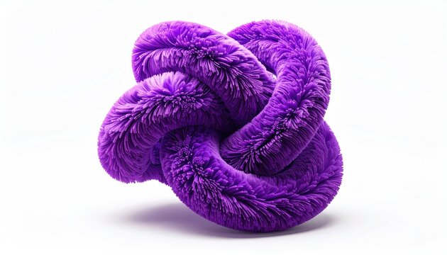 Fluffy, vibrant purple knotted shape against white background, creating a modern sculpture