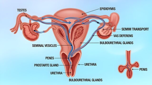Integrated male and female reproductive tract diagram showing testes, epididymis, vas deferens, seminal vesicles, prostate gland, penis and urethra superimposed on a uterus and fallopian tubes, tracin