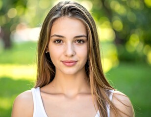 Naklejka premium Portrait of a young woman with long hair smiling at the camera