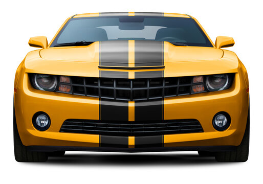 Fast and modern yellow car front view, in PNG format. With stylish black stripes in the center.
