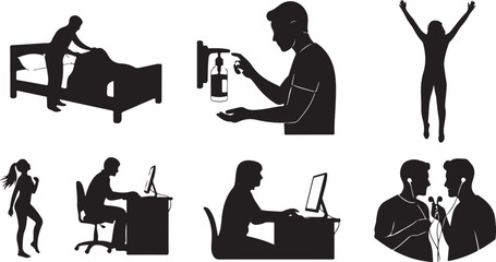 Fototapeta premium Silhouettes of diverse people engaging in various activities and poses in a minimalist style