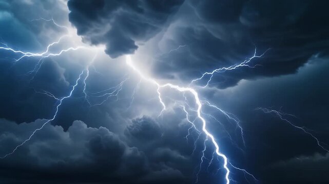Dramatic bolts of electrical lightning illuminate the tumultuous, dark storm clouds, creating an intense and powerful display of nature's raw energy during a severe weather event