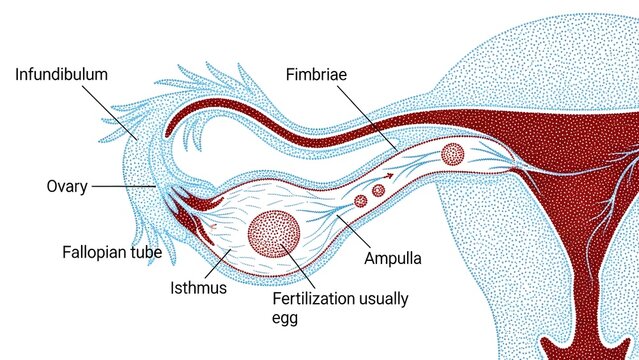 Detailed female reproductive tract diagram focusing on ovary, fimbriae and fallopian tube segments&mdash;infundibulum, ampulla, isthmus&mdash;with traveling oocyte to typical fertilization site, ideal for embryol