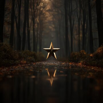 Polished Bronze Star Icon Centered on a Dark Forest Path Surrounded by Autumn Leaves in Moody Light During the Fall Season