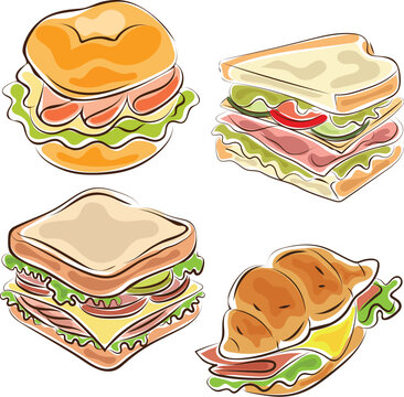 various sandwich handdrawn doodle marker style