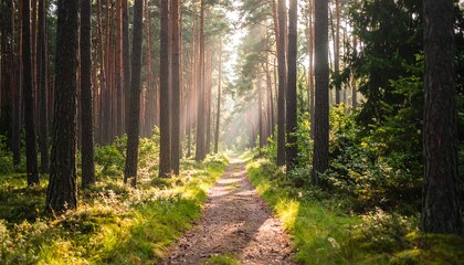 Fototapeta premium Sunlight filtering through a dense forest path, illuminating the way forward.
