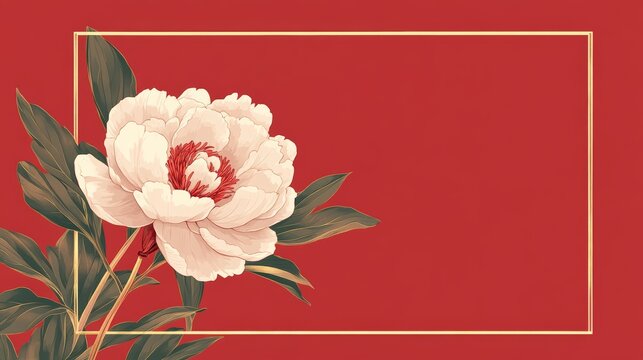 Peony flowers on a red background and a frame