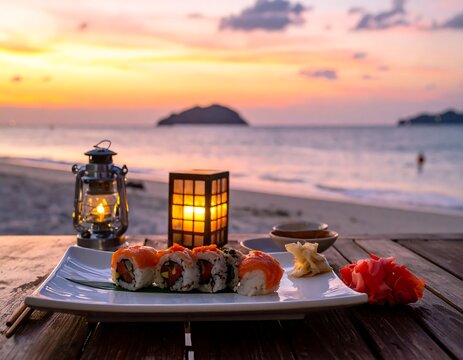 Sushi rolls arranged on a plate with an ocean sunset backdrop. Lanterns and ginger complement the meal
