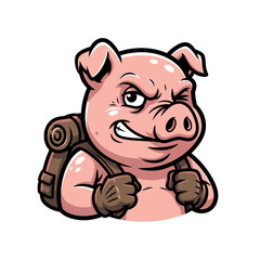 Fototapeta premium Cartoon Pig Adventurer with Backpack Ready for Journey.