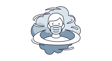 Fototapeta premium Person with face mask surrounded by air pollution clouds, health hazard icon, white background