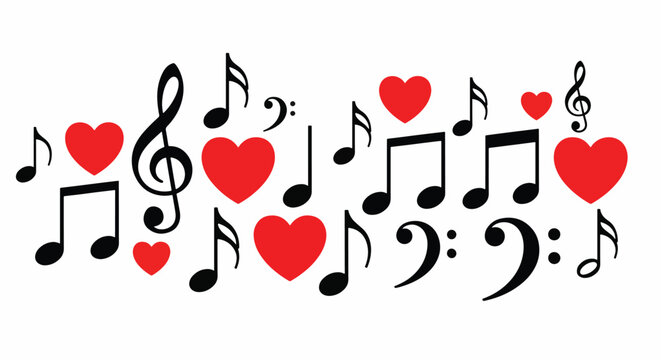 Music notes and red hearts on a symbol of love and melody