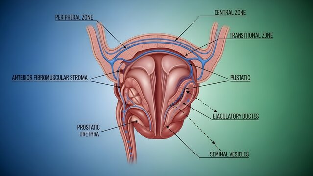 Comprehensive diagram of the prostate gland showing peripheral, central and transitional zones, prostatic urethra, ejaculatory ducts and seminal vesicles, illustrating internal anatomy and pathways fo