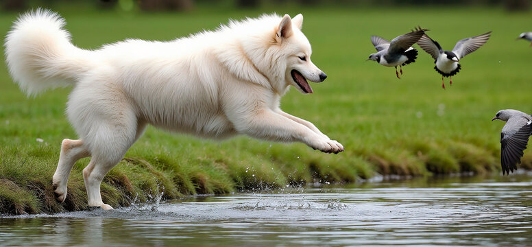 Dog chasing birds near pond