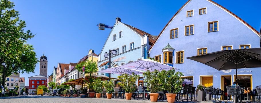 Erding, Germany - May 2: historic buildings at the old town of erding on May 2, 2025