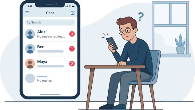 Man sitting at a table looking worried while checking his smartphone