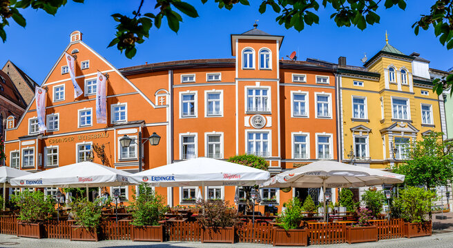 Erding, Germany - May 2: historic buildings at the old town of erding on May 2, 2025