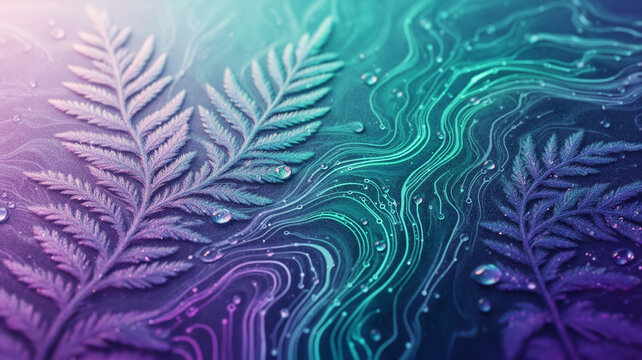 Elegant fern leaves with dew drops, dreamy purple teal gradient fluid nature botanical background