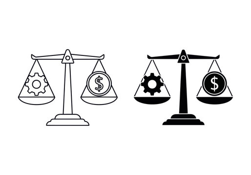 The balance scales compare a gear and dollar sign weighing equally on two sides.