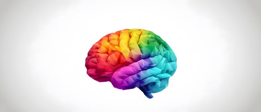 Vibrant colorful low polygon human brain illustration with full rainbow hues on a bright white background representing creativity and intellect