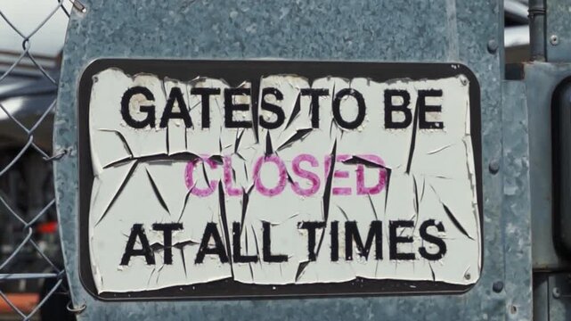 Cinematic tilt shot starting on a rustic &ldquo;Gates Closed&rdquo; sign mounted to an airport security gate, then tilting upward to reveal an airplane fuselage 