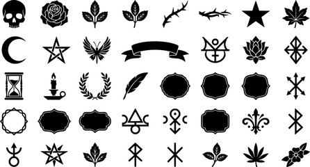 Naklejka premium Gothic botanical symbolism engraving. Line outline icon set of Gothic botanical symbolism engraving: skull 