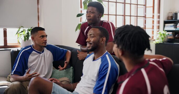 Relax, friends and men with discussion on couch, soccer competition forecast and trash talk rival team. Disagreement, argue and people speaking for sports game broadcast break, football fans and home