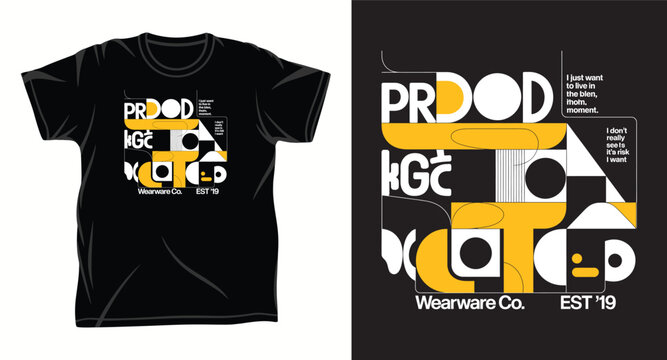 Prodod kgc wearware co. est '19 abstract geometric shapes, yellow and black elements, modern graphic t-shirt design