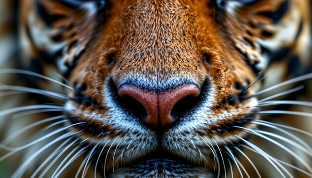 The image features an extreme close up of a big cat's face, focusing primarily on its nose and surrounding facial features