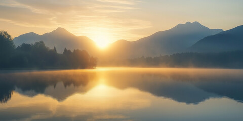 Fototapeta premium Serene Golden Sunrise Over a Misty Mountain Lake with Soft Fog and Radiant Sunbeams