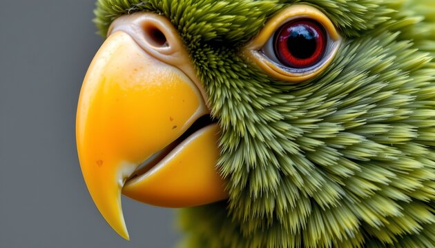 The image features a close up of a bird's face, highlighting its vibrant green feathers, sharp yellow beak, and striking red eye
