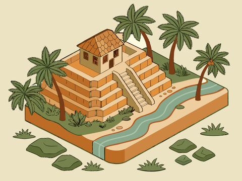 Isometric Ancient Mesoamerican Temple Illustration: Step Pyramid with Tropical Palm Trees, Jungle River, and Stone Architecture for History, Travel, and Game Design Vector