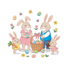 Fototapeta premium Happy easter bunny family celebrating holiday with basket of decorated eggs