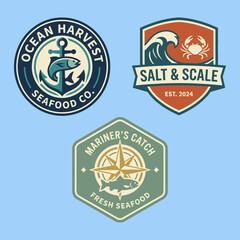 Naklejka premium A vibrant trio of logos representing Ocean Harvest Seafood Co. and related brands, featuring nautical elements and seafood imagery showcasing the freshness and quality of seafood.