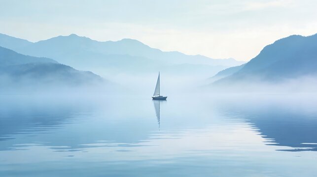 Sailing Boat on Misty Mountain Lake at Dawn