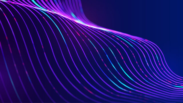 Abstract technology vector background with luminous curved lines forming dynamic structure on blue background. Concept for big data research, artificial intelligence, digital network, data processing.