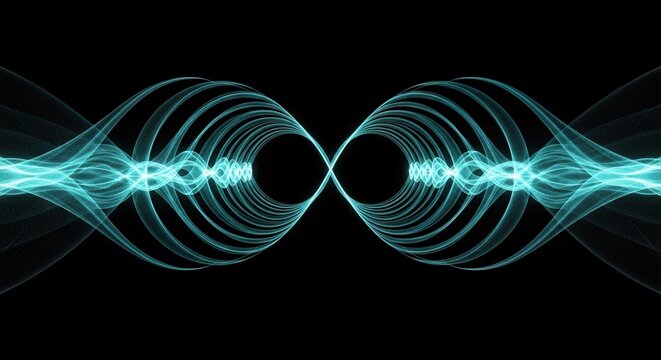 Dynamic symmetrical energy waves of luminous soft cyan curving beautifully across a dark premium layered perspective depth on blacksolid background
