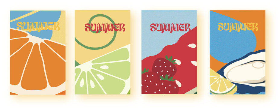 Summer fruit poster set modern art abstract style orange lime strawberry oyster for beach party banner background minimal vacation advertisement social media stories