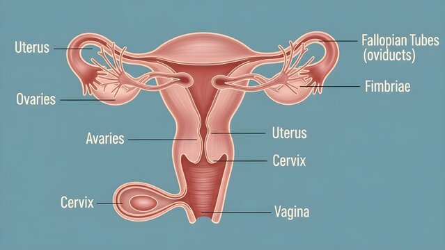 Detailed frontal illustration of the female reproductive system with uterus, cervix, vagina, paired ovaries and fallopian tubes with fimbriae, clearly labeling major organs to explain the pathway for 