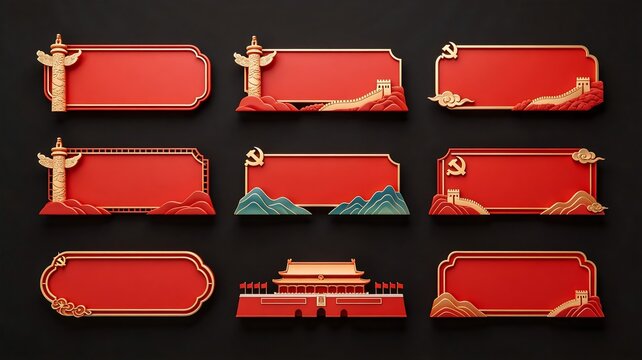 Red Rectangular Banners with Chinese Architectural Elements