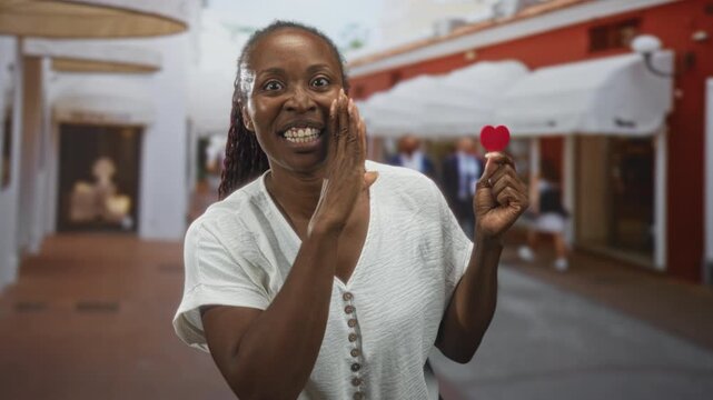 Woman holding small red felt heart between fingers on a busy pedestrian street, smiling broadly and gesturing with her hand near chest; joyful love.