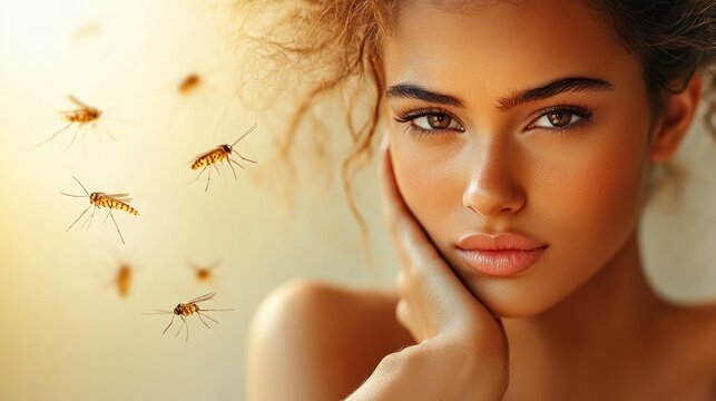 Woman with beautiful skin, mosquitos in the background, portrait