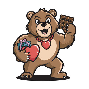Happy brown bear character holding gift box, heart, chocolate and wearing necklace
