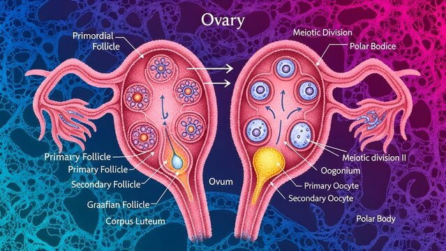 Detailed ovary diagram showing stages of follicular development and oogenesis, including primordial, primary, secondary and Graafian follicles, ovum, corpus luteum, polar bodies and meiotic divisions,