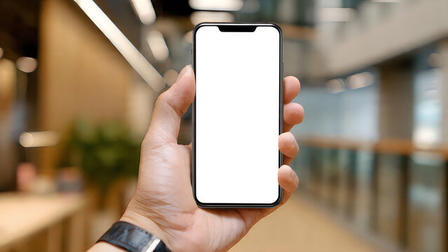 A person holding a smartphone with a blank screen in what appears to be a modern indoor setting with blurred background elements