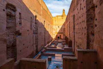 El Badi Palace Narrow Corridor and Minaret, Marrakech