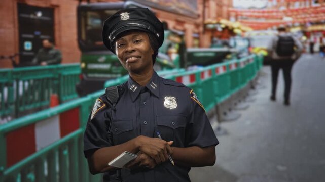 African american woman police officer holding notepad and pen, hands clasped near green barricade, smiling on busy city street; confidence duty.